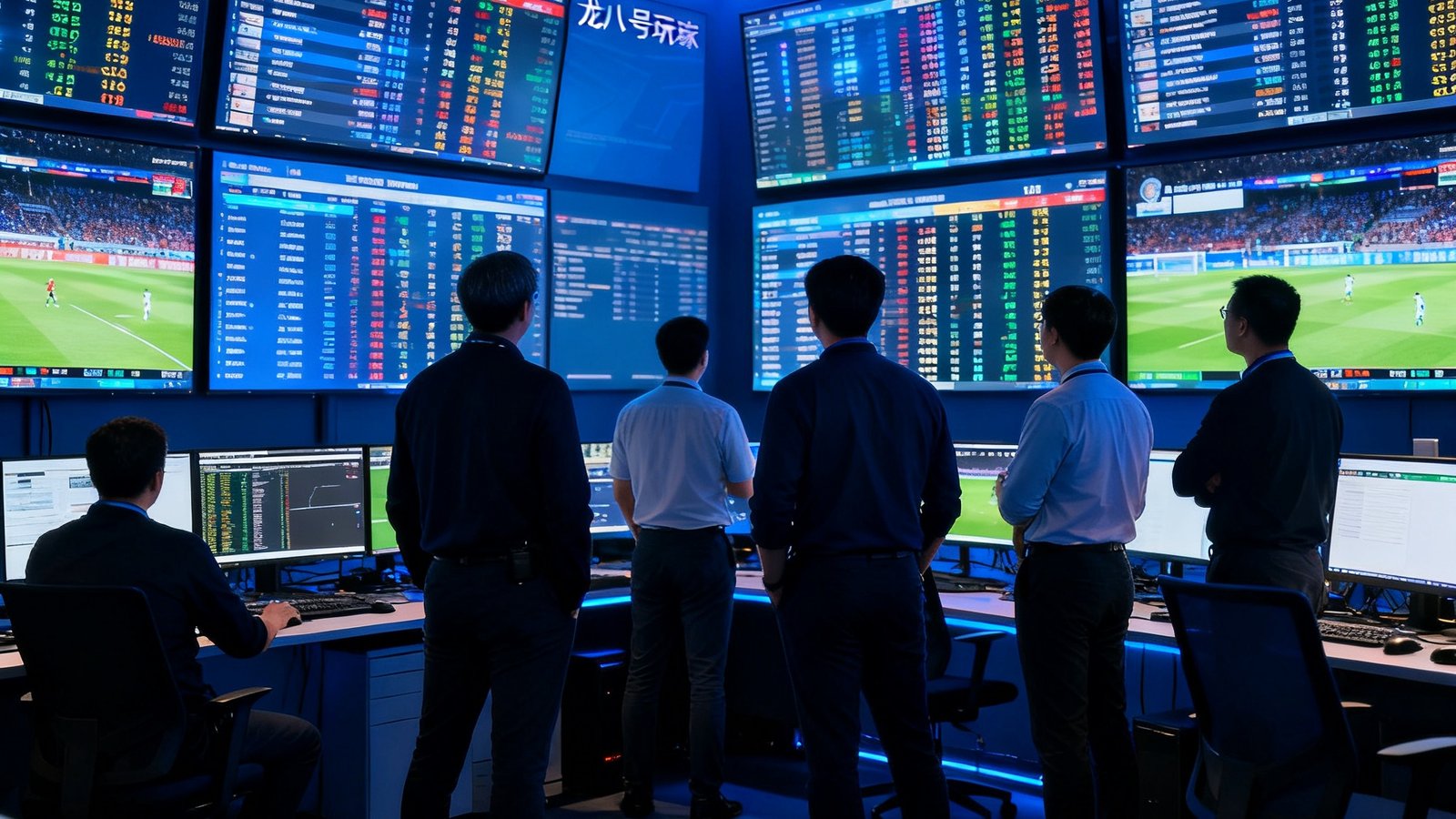 龙八头号玩家数据运营中心内景，数十块高清屏幕实时显示全球体育赛事比分数据流，专业分析师团队正在监控数据看板，室内灯光以深蓝色调为主，科技感十足