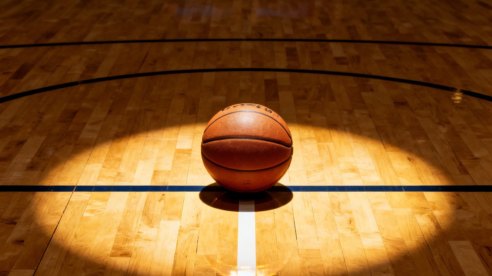 NBA球场木地板特写，篮球静止在罚球线上方，背景是球队标志和聚光灯，氛围戏剧化
